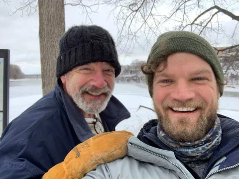 Tom and Kevin Doran in the snow during a cross-country skiing outing
